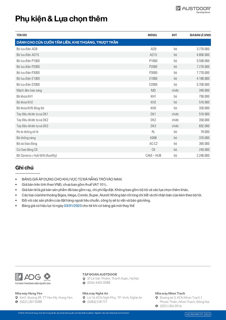 Bảng giá cửa cuốn Austdoor Năm 2024 cho Phụ kiện